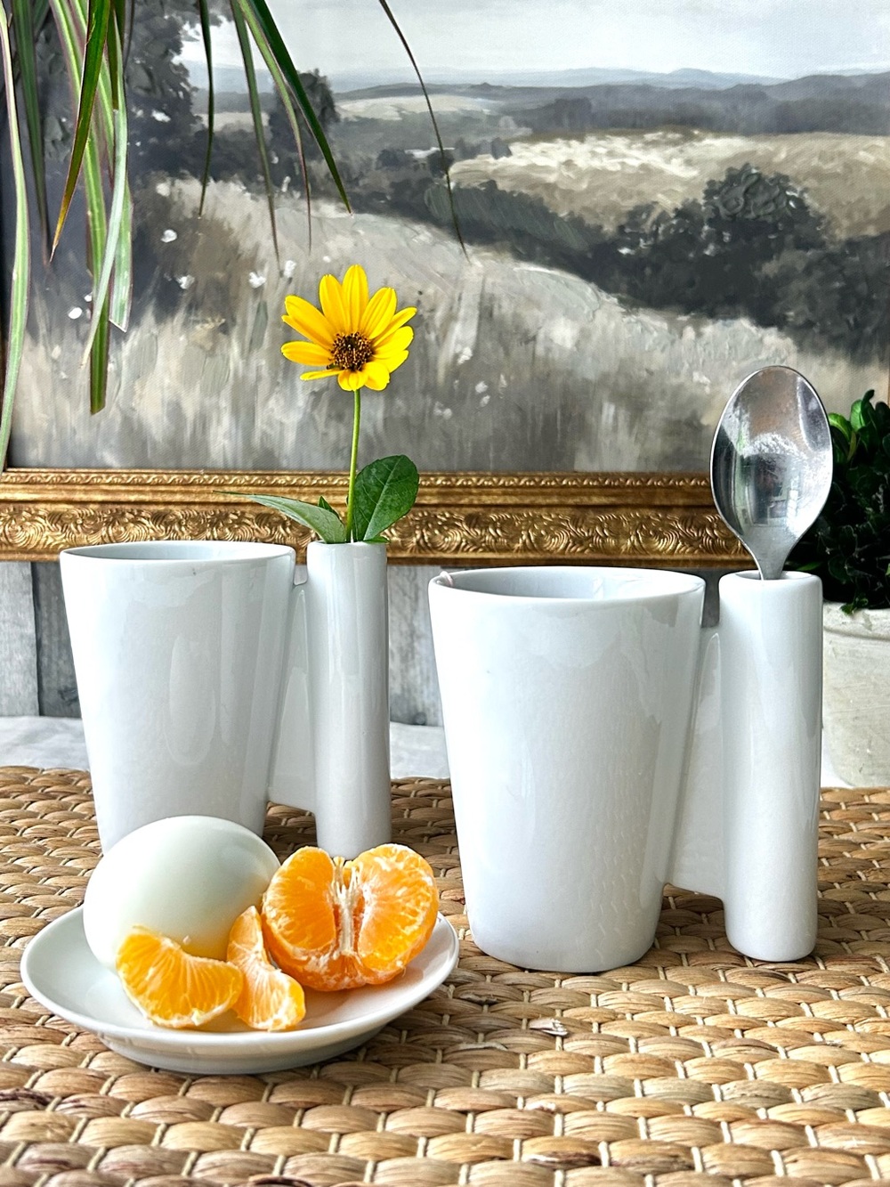 🌴Unique CB2  Crate & Barrel Soup/Coffee White Mug with Spoon Holder | Set of Two